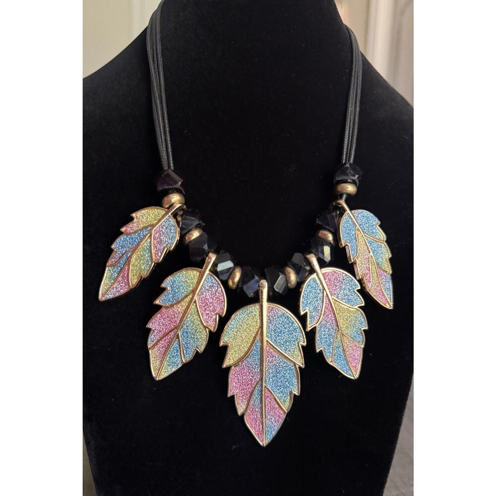 Betsey Johnson Shimmering Pastel Leafs Gold Plated Bibi Statement Necklace